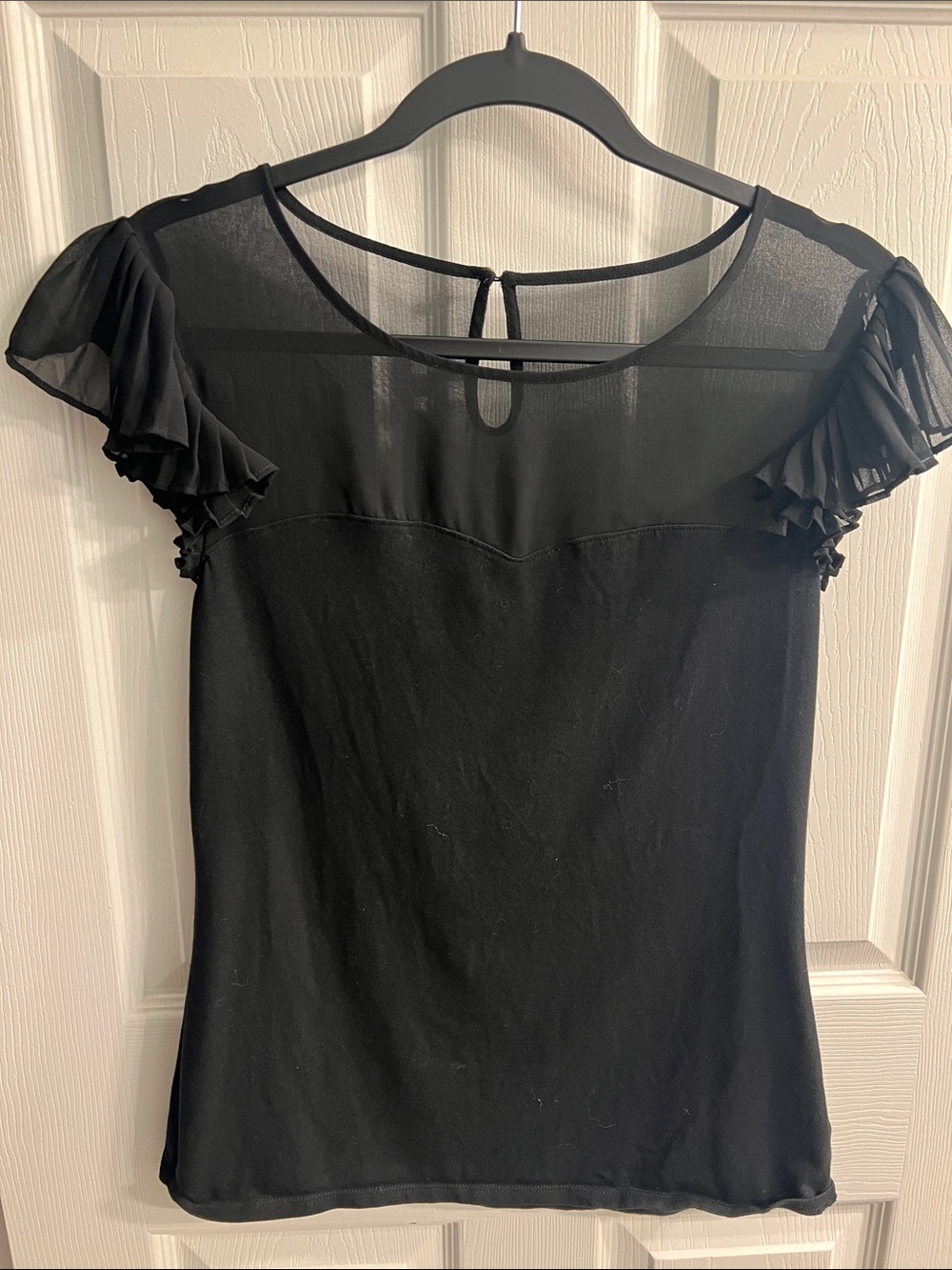 Express Women’s Black Ruffle Sleeve Sheer  Top